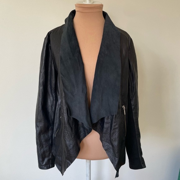 Cigno Nero Black Leather Shawl Collar Open Front Ribbed Knit Combo Jacket 36/4 - Picture 1 of 8